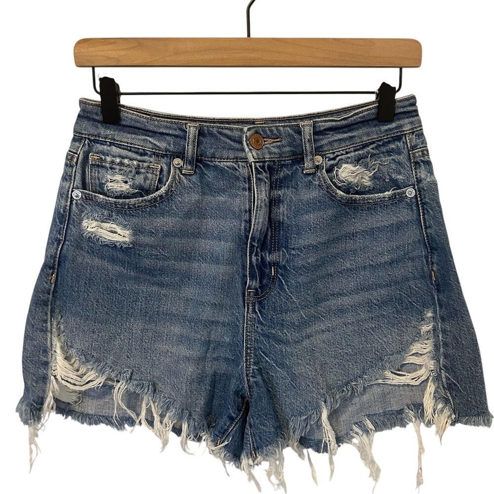 American Eagle Shorts Womens 4 Blue Highest Rise Mom Distressed festival boho - Picture 1 of 11